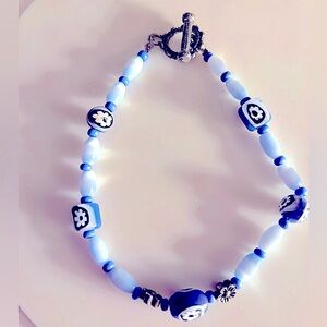 Anklet bracelet 10” Blue & white oval Cats Eye w floral beads toggle clasp